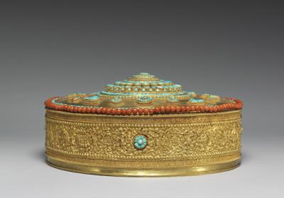 图片[3]-Tibetan gold Mandala with Tibetuoise and coral inlay in a leather case, made in Tibet, Shunzhi reign (1644-1661), Qing dynasty-China Archive